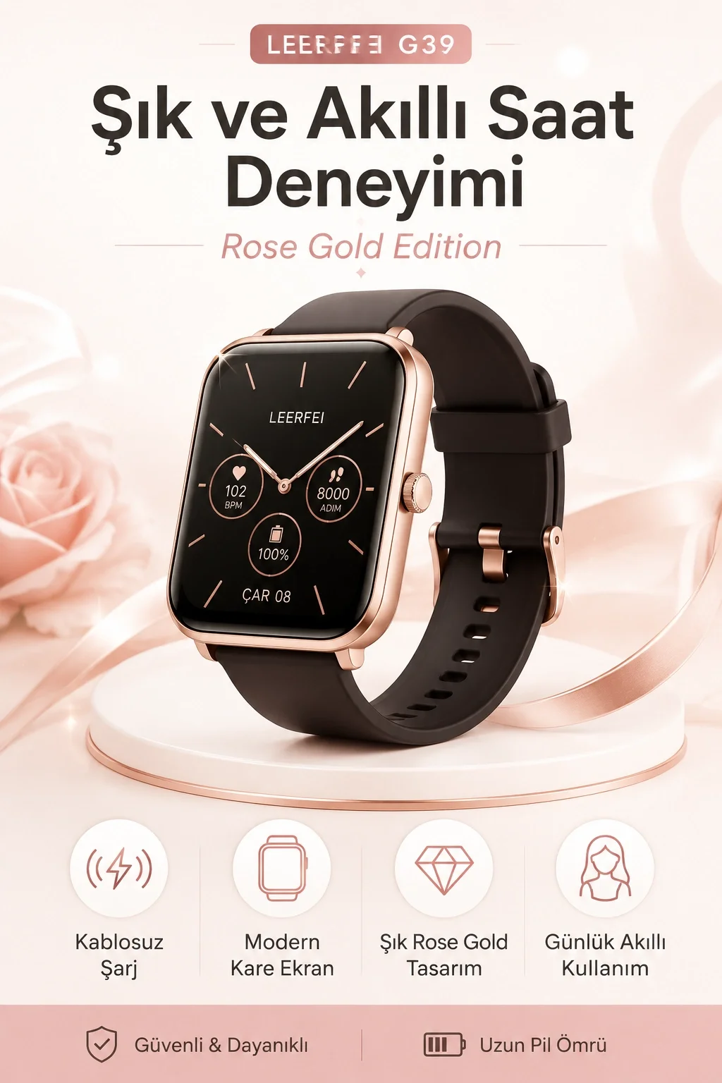 Kablosuz Şarj Destekli Rose Gold Akıllı Saat Dokunmatik Ekranlı Spor Takipli Model