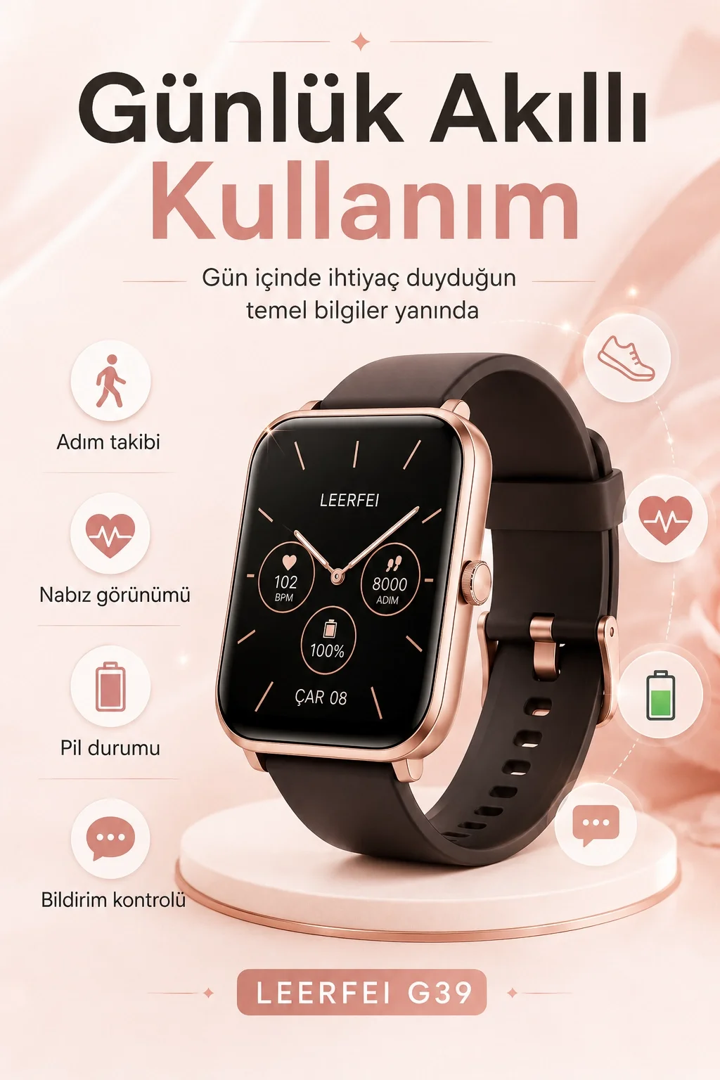 Kablosuz Şarj Destekli Rose Gold Akıllı Saat Dokunmatik Ekranlı Spor Takipli Model