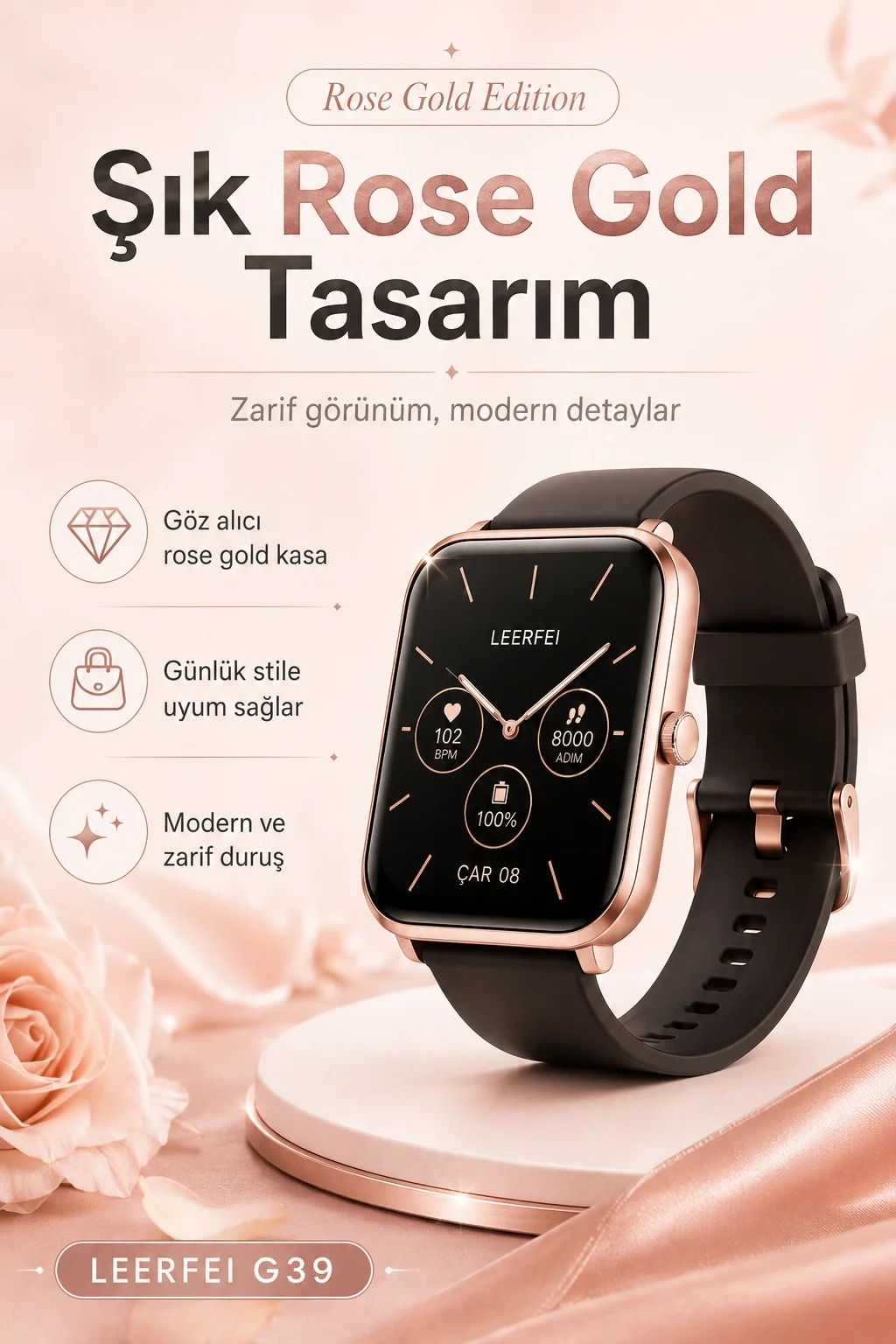 Kablosuz Şarj Destekli Rose Gold Akıllı Saat Dokunmatik Ekranlı Spor Takipli Model