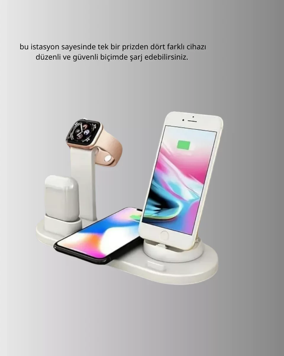 Kablosuz Şarj İstasyonu 4’ü 1 Arada iPhone Watch ve AirPods Uyumlu - Masaüstü Düzeni ve Şarj Çözümü