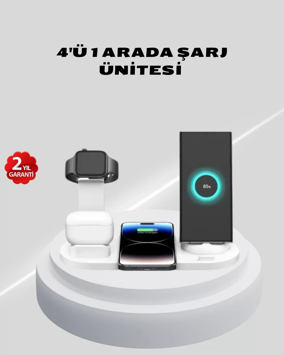 Kablosuz Şarj İstasyonu 4’ü 1 Arada iPhone Watch ve AirPods Uyumlu - Masaüstü Düzeni ve Şarj Çözümü