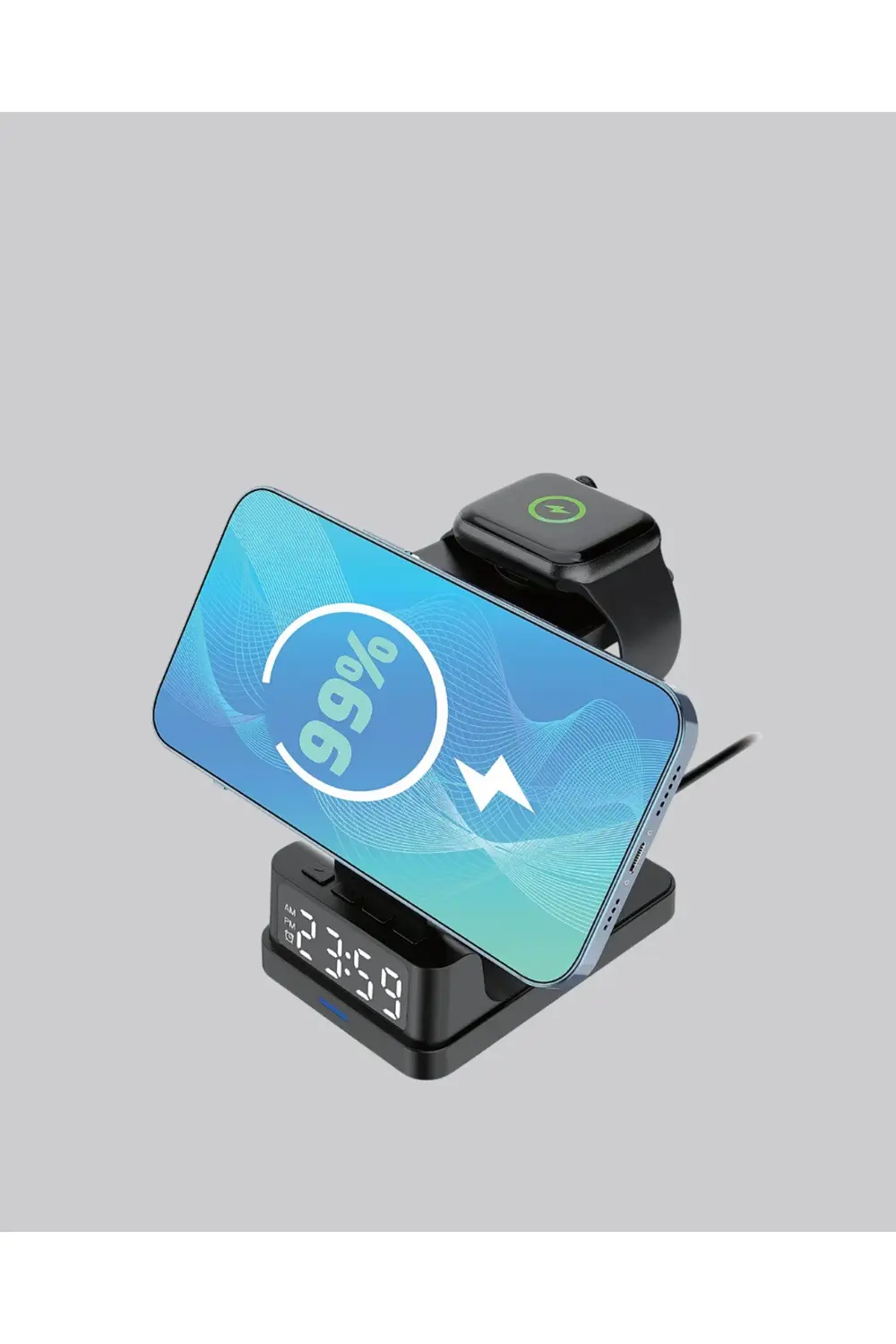 Kablosuz Şarj İstasyonu ve Dijital Saat – Apple Uyumlu, 3 Kademel