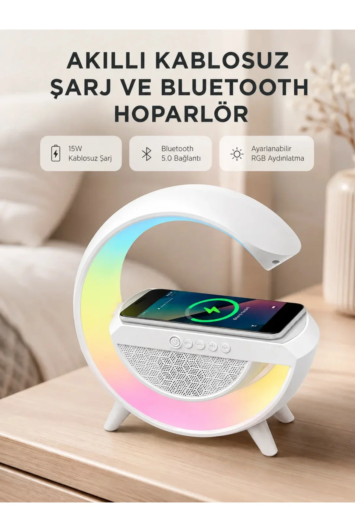 Kablosuz Şarjlı Bluetooth Hoparlör ve Gece Lambası – NFC, FM Radyo, RGB Işık
