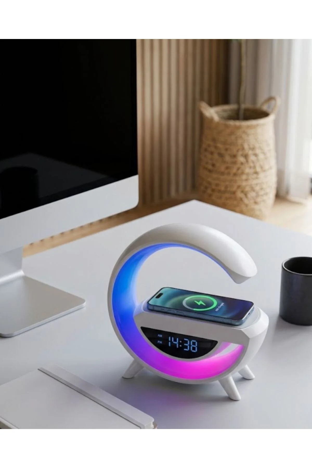 Kablosuz Şarjlı Bluetooth Hoparlör RGB Işık Gece Lambası Dijital Saat