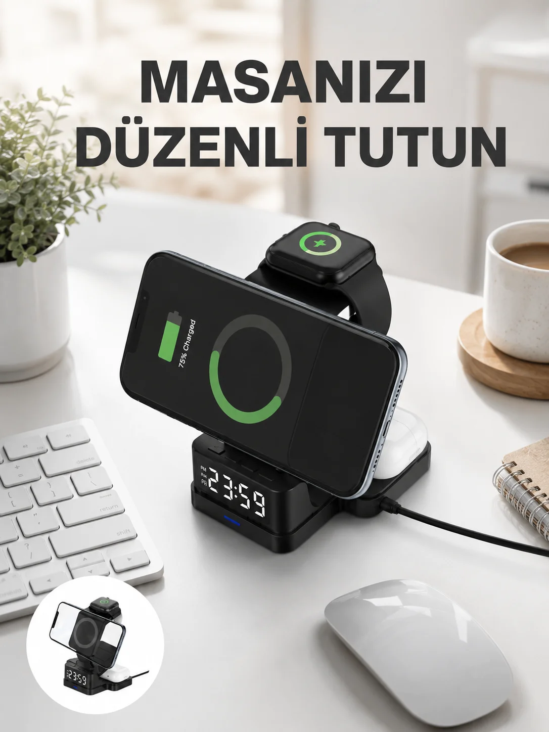 Kablosuz Şarjlı Dijital Masa Saati – 3 Parlaklık Seviyeli LED, Hızlı Şarj, Apple Uyumlu Yeni Nesil