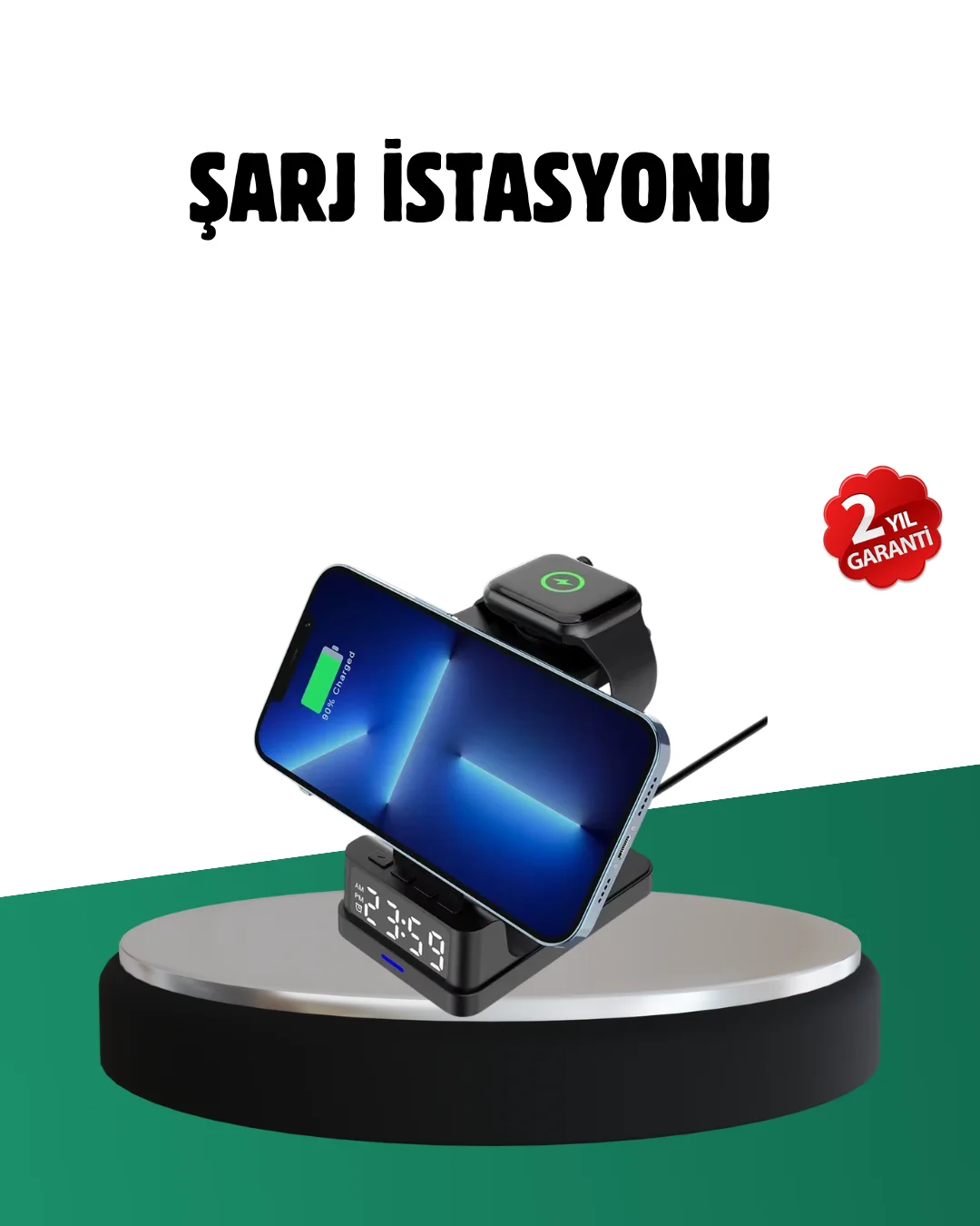 Kablosuz Şarjlı Dijital Masa Saati – 3 Parlaklık Seviyeli LED, Hı