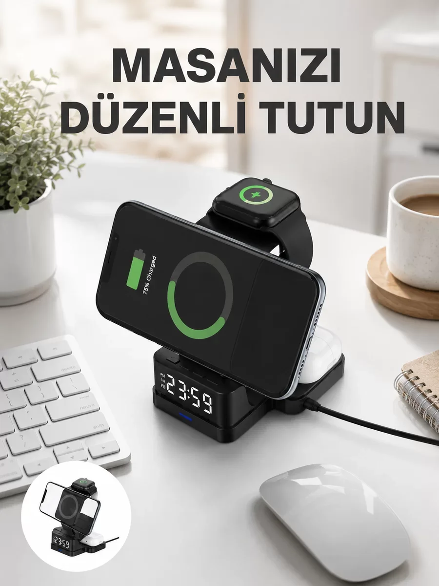 Kablosuz Şarjlı Dijital Masa Saati – Apple Uyumlu 4 in 1 Hızlı Şarj, Şık Tasarım