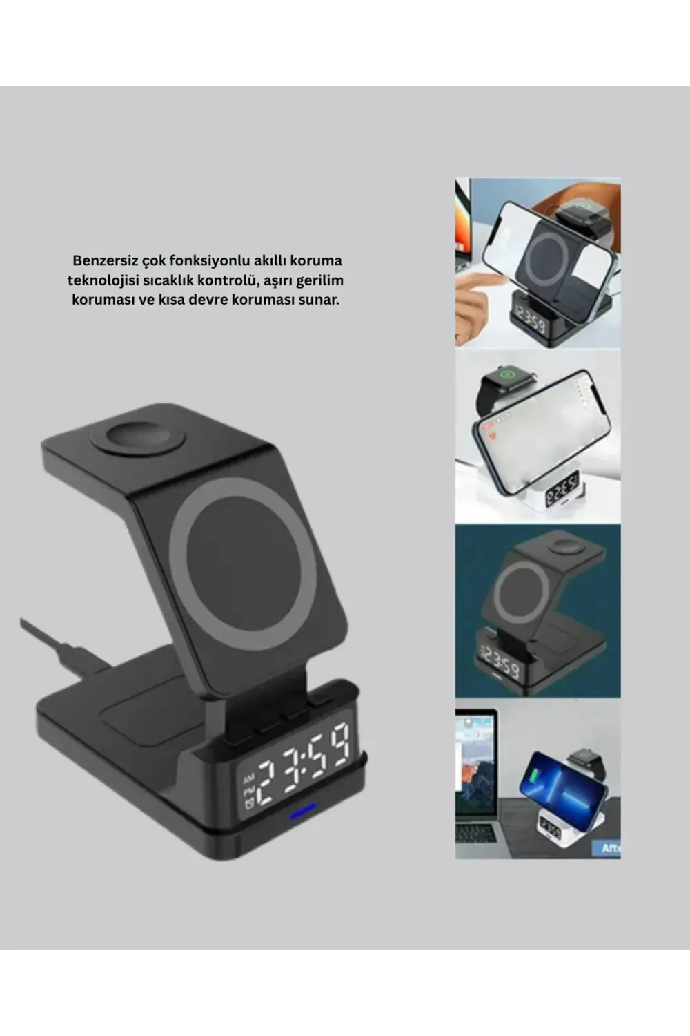 Kablosuz Şarjlı Dijital Masa Saati – 3 Parlaklık Seviyeli LED, Hı