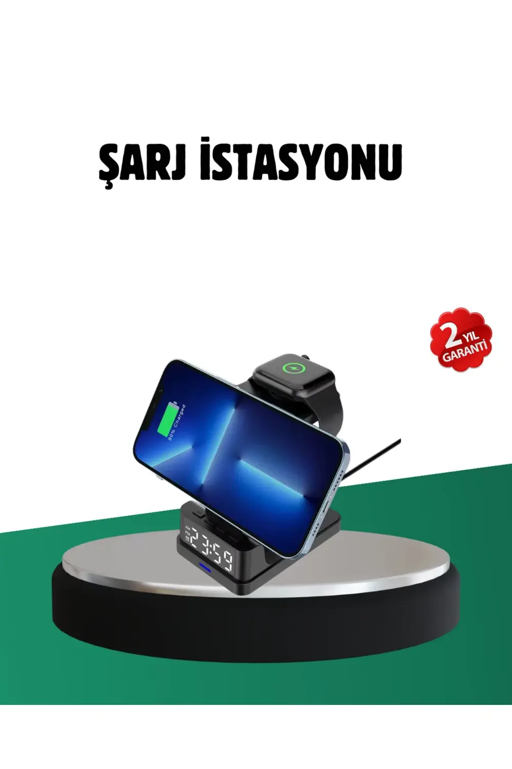 Kablosuz Şarjlı Dijital Masa Saati – 3 Parlaklık Seviyeli LED, Hı