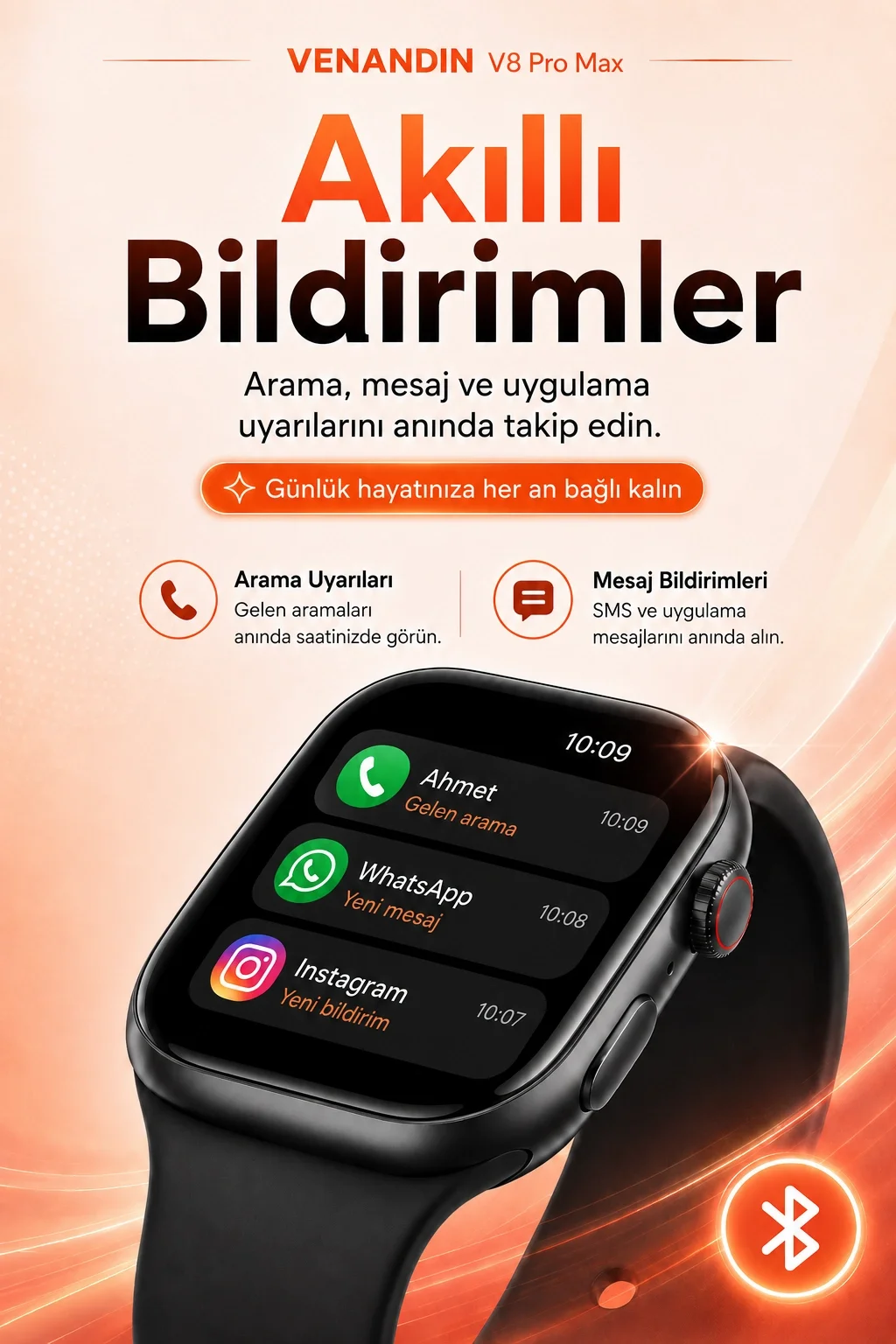 Kablosuz Şarjlı Dokunmatik Ekran Akıllı Saat Arama ve Mesaj Bildirim Destekli