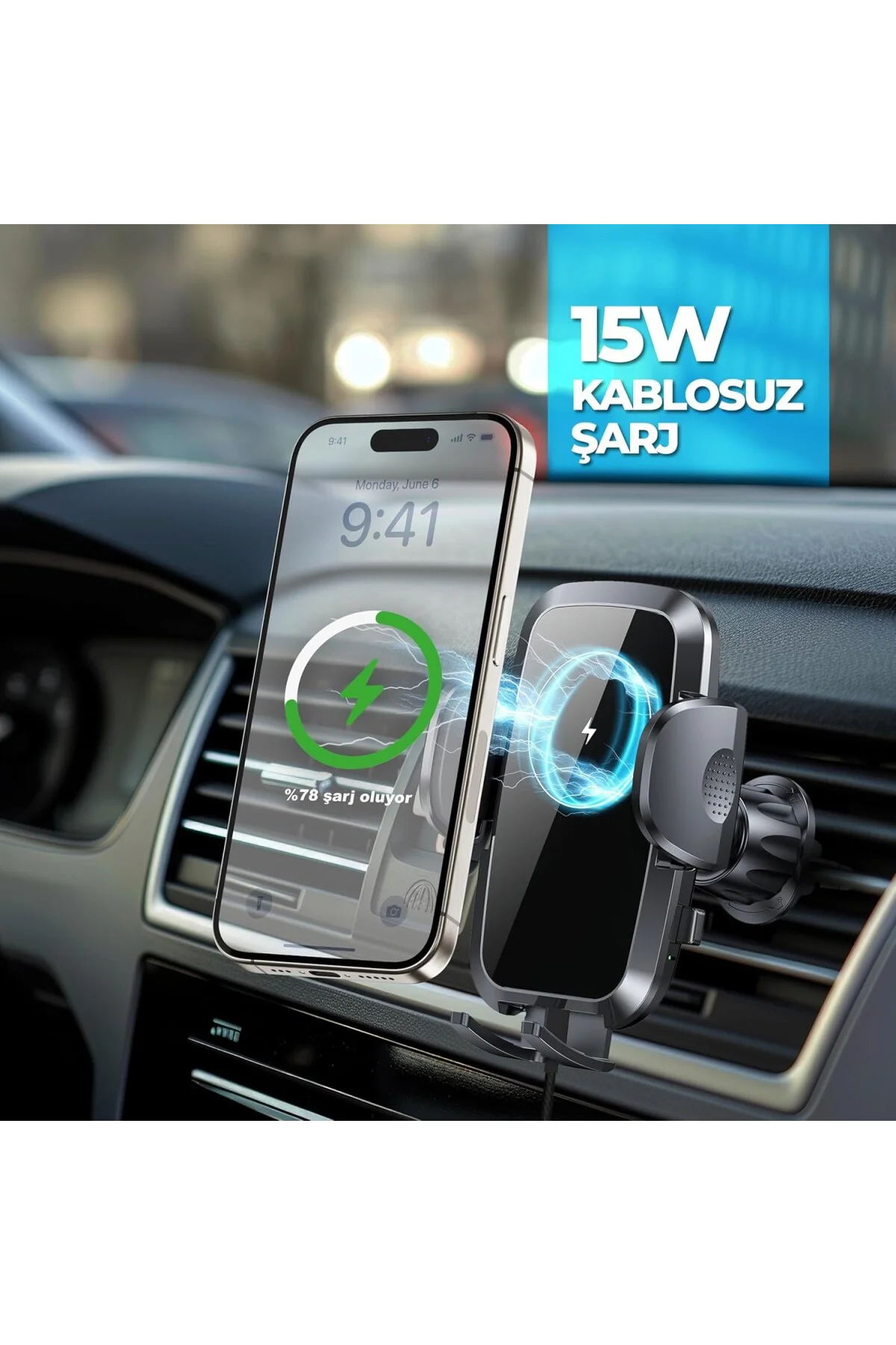 Kablosuz Şarjlı Kancalı Araç İçi Telefon Tutucu 15W - Havalandırma Araba Telefon Tu
