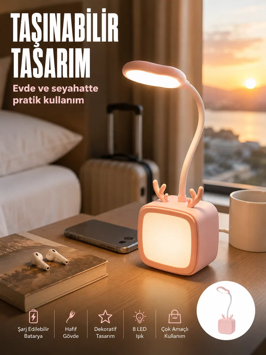 Kablosuz Şarjlı LED Masa Lambası ve Gece Işıkları - Modern Tasarım, Esnek Boyun ve Enerji Tasarruflu Çözüm