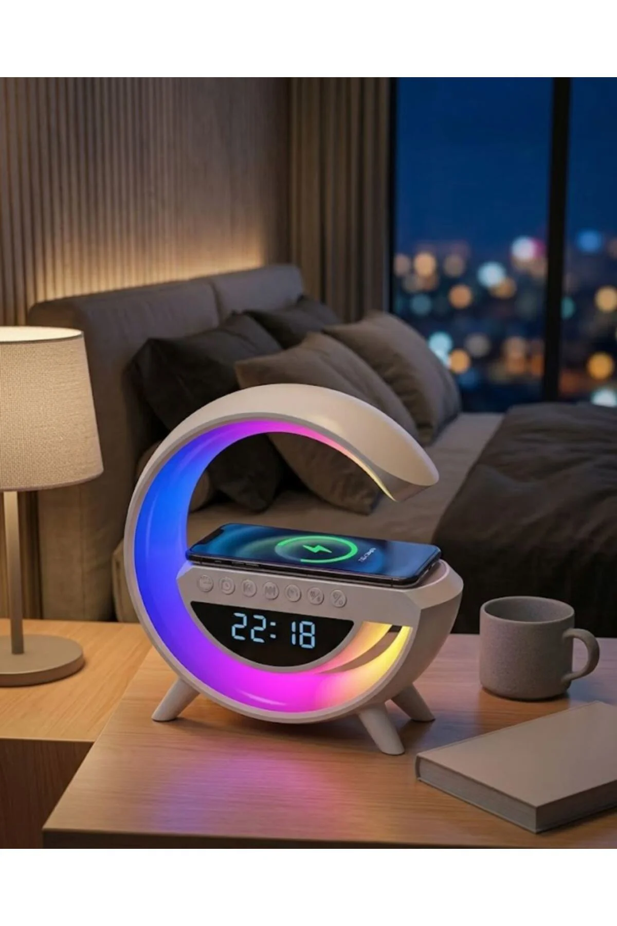 Kablosuz Şarjlı LED Işıklı Masa Saati Bluetooth Hoparlör Alarm Fonksiyonlu