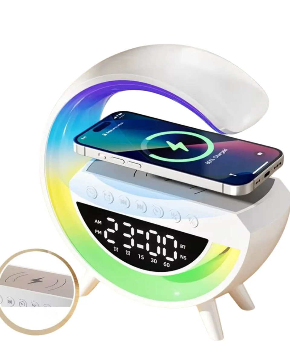 Kablosuz Şarjlı LED Masa Saati Bluetooth Hoparlör ve RGB Işıklı Dijital Alarm Saati
