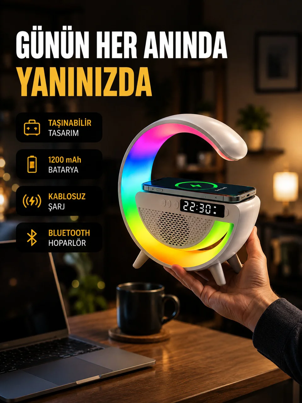 Kablosuz Şarjlı Led Masa Lambası Çalar Saat Ve Beyaz Gürültü Özellikli - Lisinya Diğer