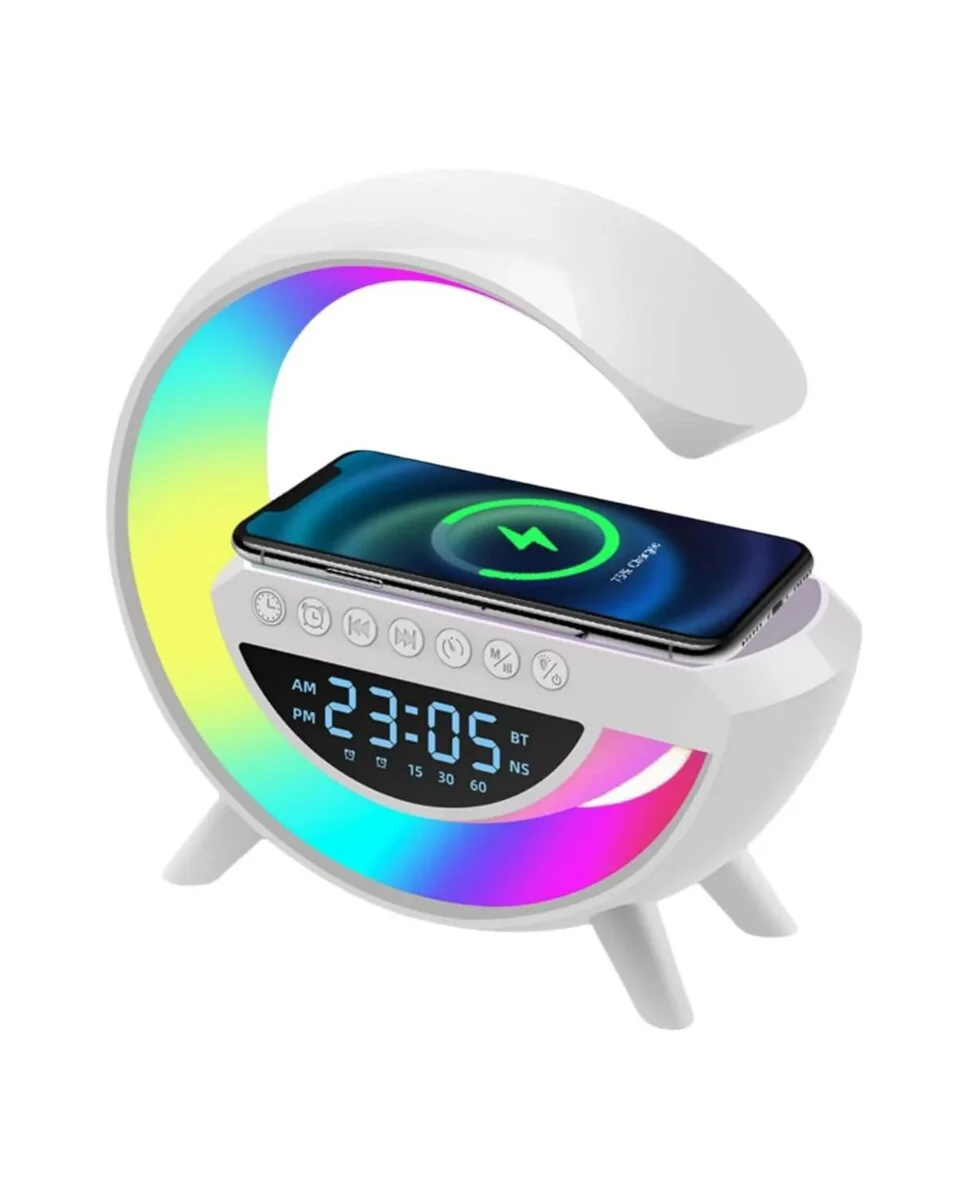 Kablosuz Şarjlı LED Masa Saati Bluetooth Hoparlör ve RGB Işıklı Dijital Alarm Saati