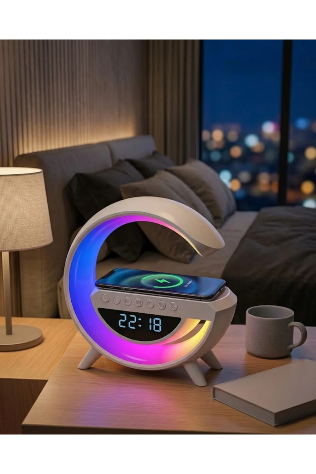 Kablosuz Şarjlı LED Işıklı Masa Saati Bluetooth Hoparlör Alarm Fonksiyonlu