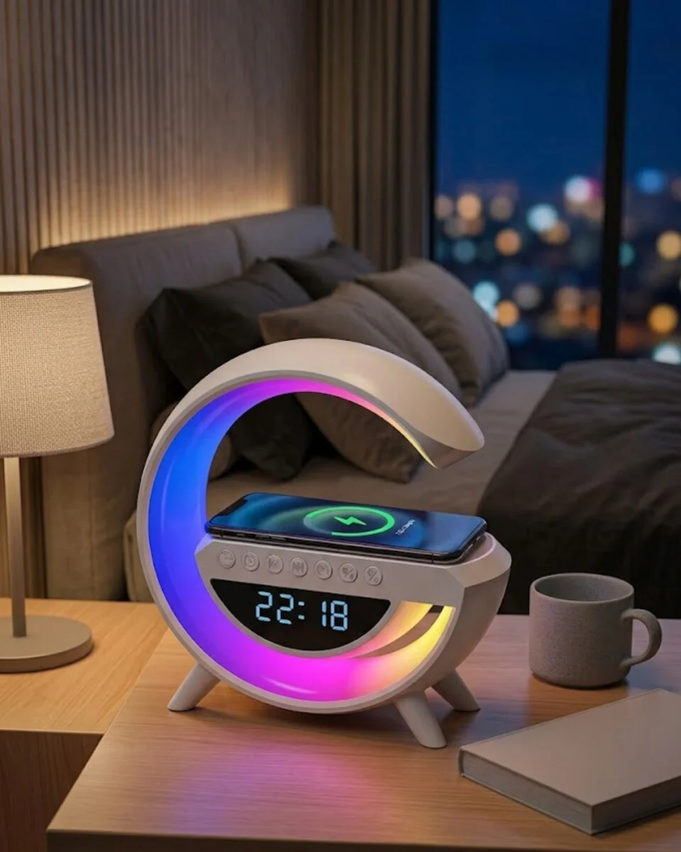 Kablosuz Şarjlı LED Masa Saati Bluetooth Hoparlör ve RGB Işıklı Dijital Alarm Saati