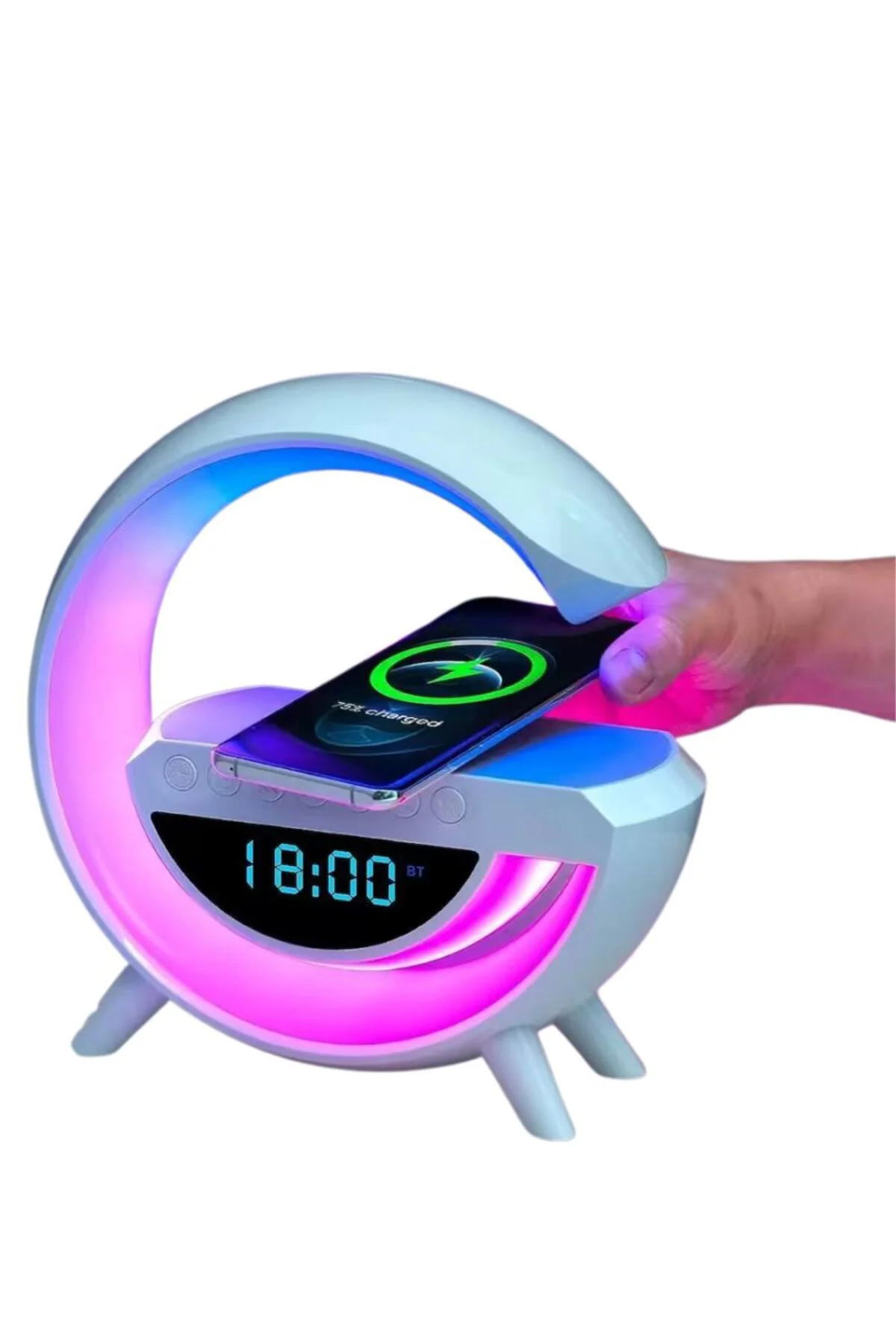 Kablosuz Şarjlı LED Işıklı Masa Saati Bluetooth Hoparlör Alarm Fonksiyonlu