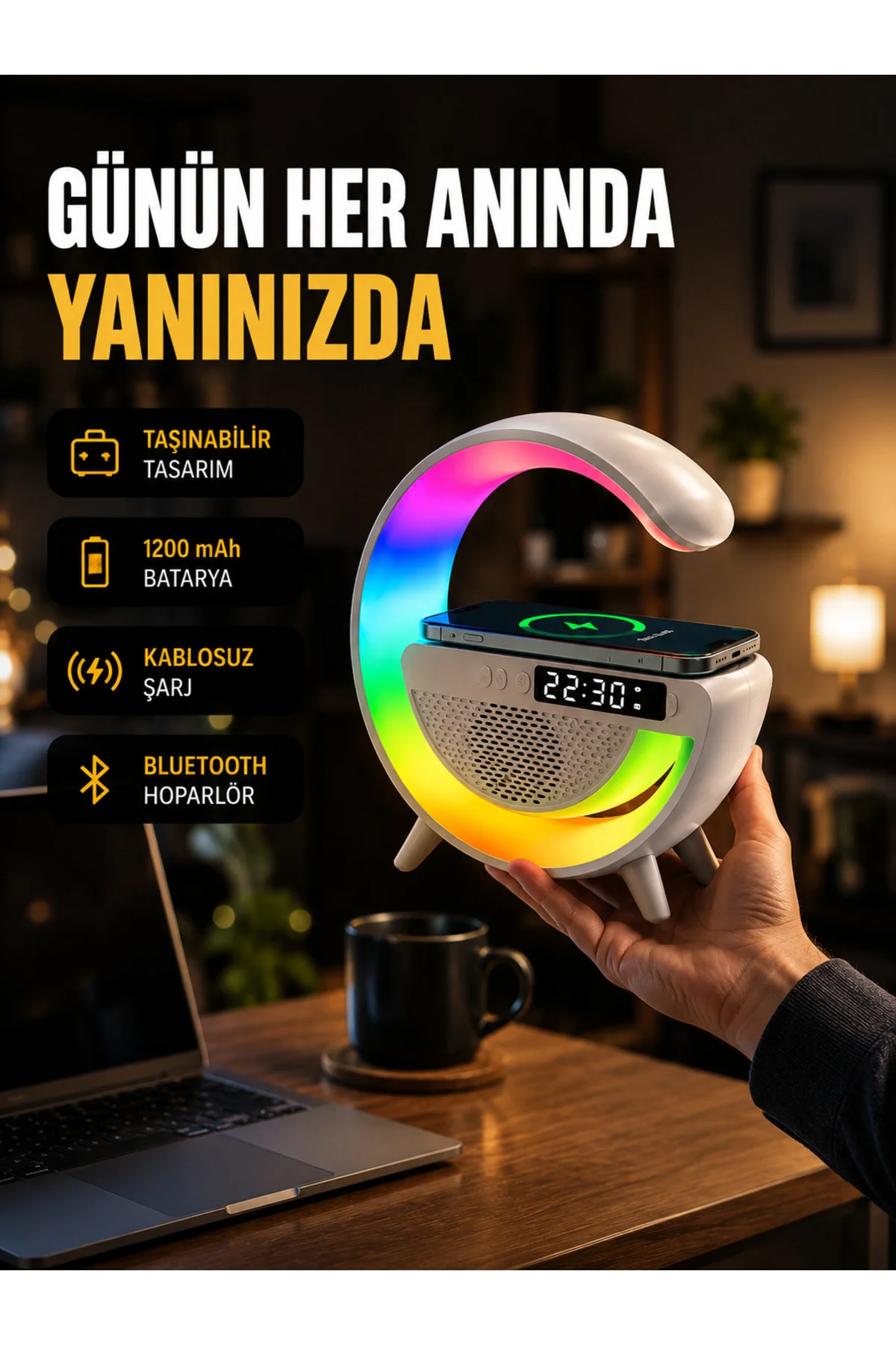 Kablosuz Şarjlı LED Masa Lambası Çalar Saat ve Beyaz Gürültü Özellikli Kablosuz Şarjlı LED Masa Lambası Çalar Saat ve Beyaz Gürültü Özellikli