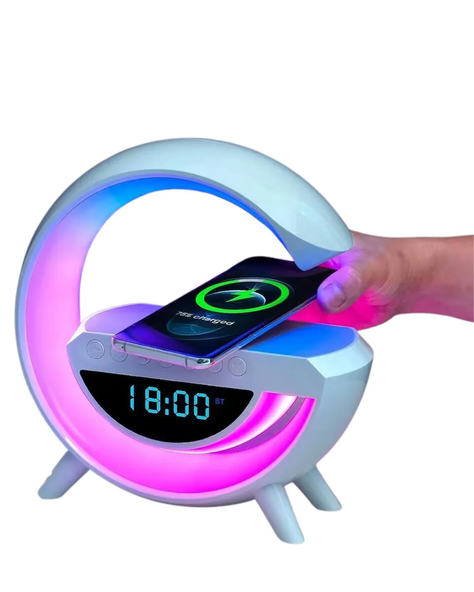 Kablosuz Şarjlı LED Masa Saati Bluetooth Hoparlör ve RGB Işıklı Dijital Alarm Saati