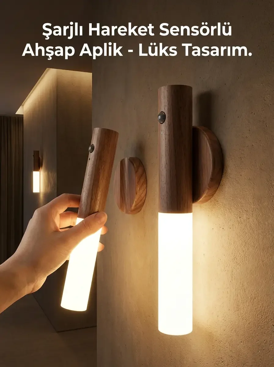Kablosuz Şarjlı LED Ahşap Renk Lüks Aplik Hareket Sensörlü Günışığı Duvar Lambası