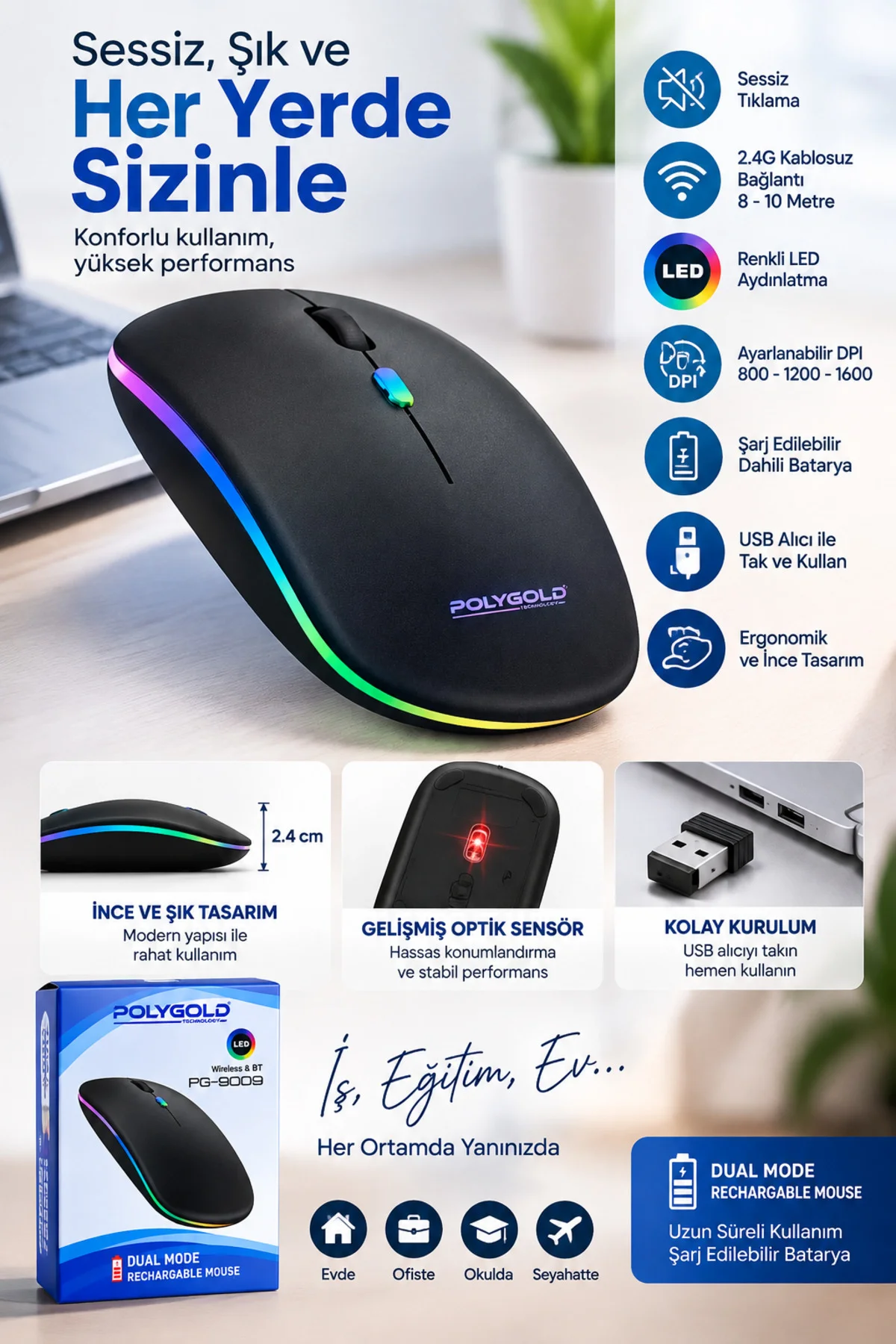 Kablosuz Şarjlı Sessiz Tıklamalı Ergonomik Mouse Kablosuz Şarjlı Sessiz Tıklamalı Ergonomik Mouse - Görsel 2