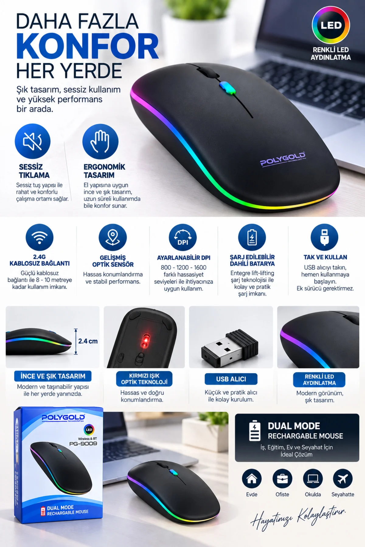 Kablosuz Şarjlı Sessiz Tıklamalı Ergonomik Mouse Kablosuz Şarjlı Sessiz Tıklamalı Ergonomik Mouse