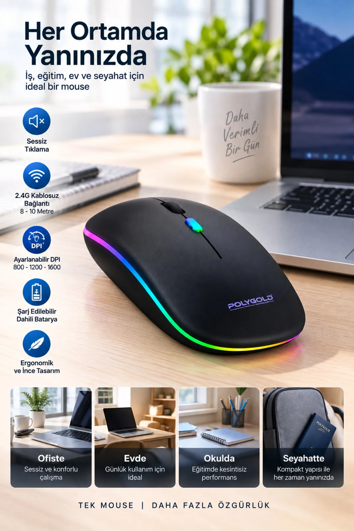Kablosuz Şarjlı Sessiz Tıklamalı Ergonomik Mouse Kablosuz Şarjlı Sessiz Tıklamalı Ergonomik Mouse - Görsel 3