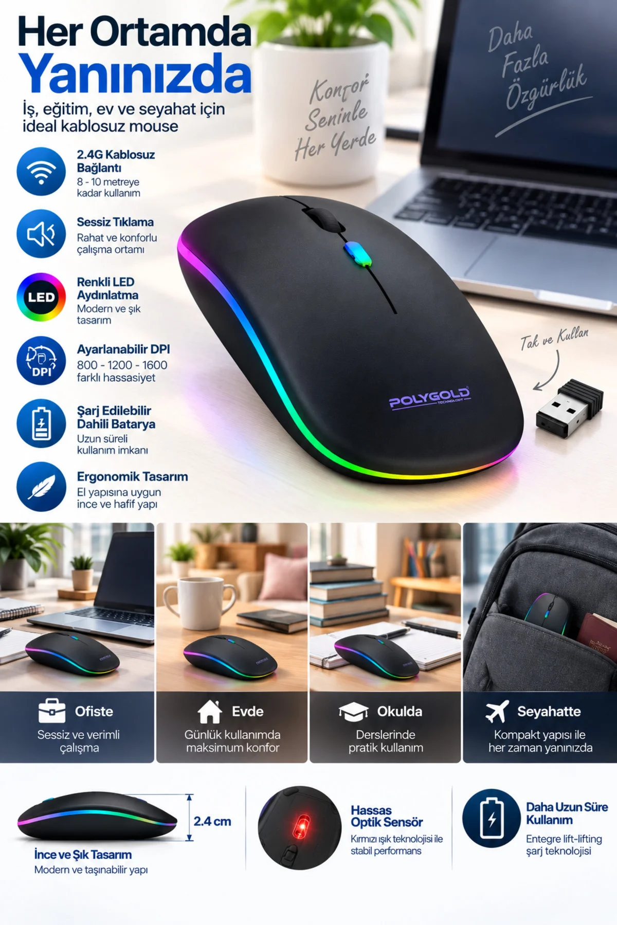 Kablosuz Şarjlı Sessiz Tıklamalı Ergonomik Mouse Kablosuz Şarjlı Sessiz Tıklamalı Ergonomik Mouse - Görsel 4