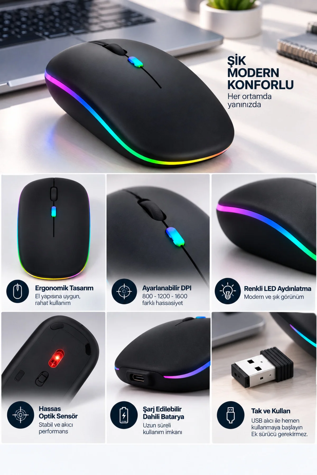 Kablosuz Şarjlı Sessiz Tıklamalı Ergonomik Mouse Kablosuz Şarjlı Sessiz Tıklamalı Ergonomik Mouse - Görsel 5