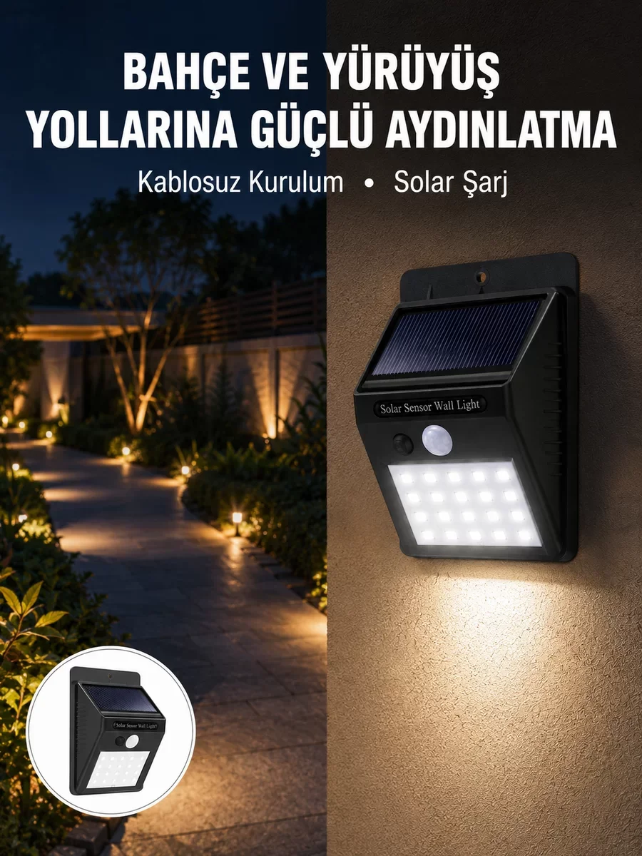 Kablosuz Solar LED Lamba - Otomatik Aç-Kapa Sensörlü Güneşli Bahçe Işıkları