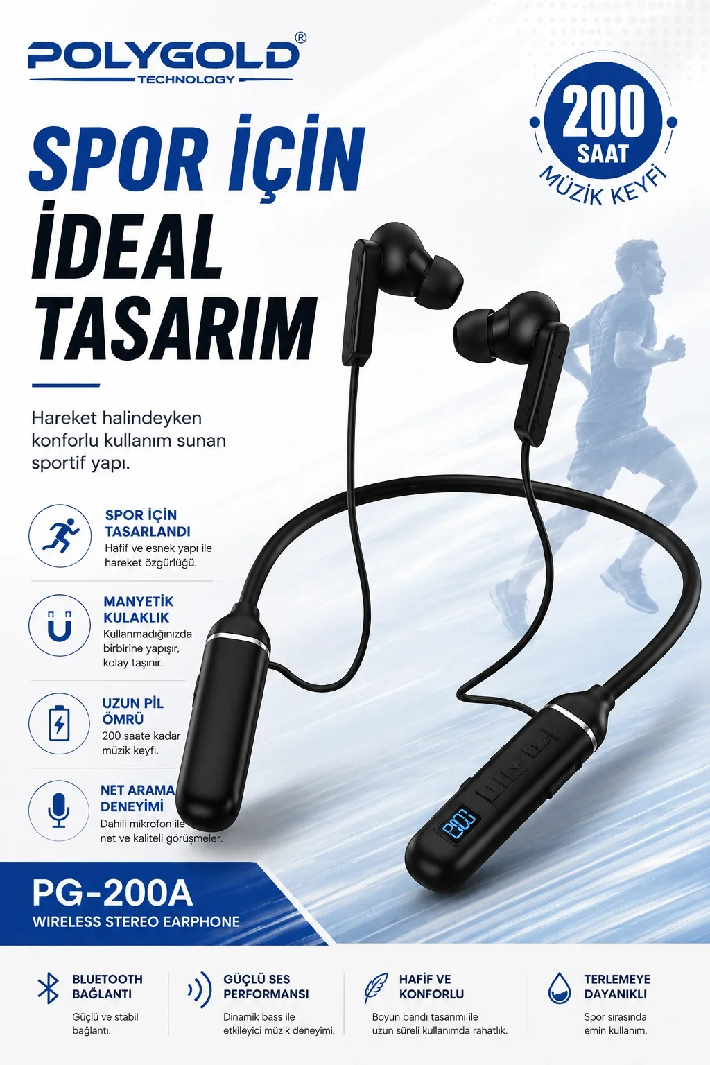 Kablosuz Stereo Spor Boyun Askılı Kulaklık 200 Saat Müzik Süreli Mikrofonlu