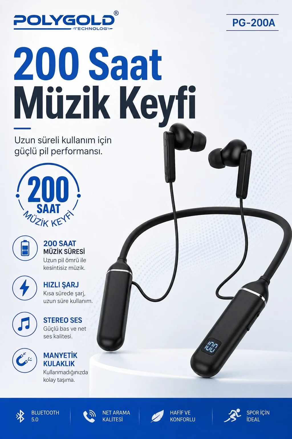 Kablosuz Stereo Spor Boyun Askılı Kulaklık 200 Saat Müzik Süreli Mikrofonlu