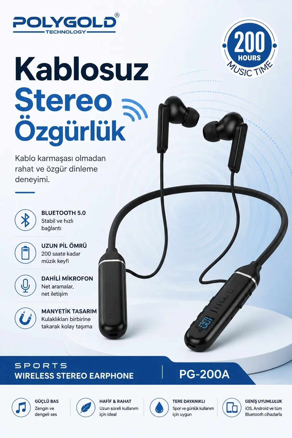 Kablosuz Stereo Spor Boyun Askılı Kulaklık 200 Saat Müzik Süreli Mikrofonlu