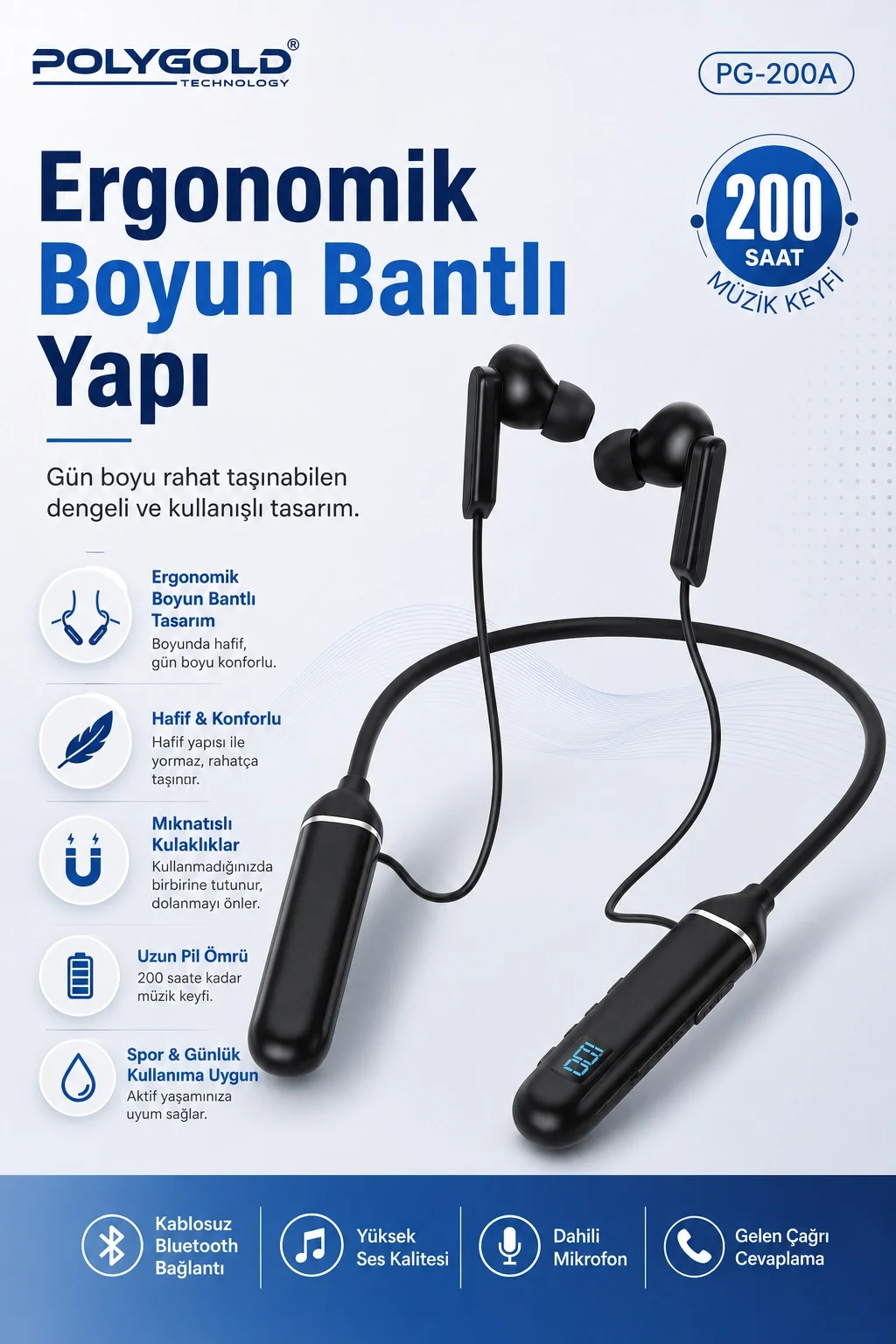 Kablosuz Stereo Spor Boyun Askılı Kulaklık 200 Saat Müzik Süreli Mikrofonlu