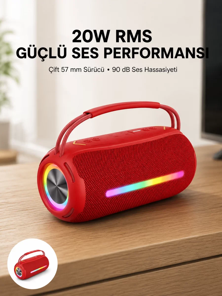 Kablosuz Su Geçirmez Bluetooth Hoparlör - 10W x 2 Çift Sürücü ve 20W RMS Güç