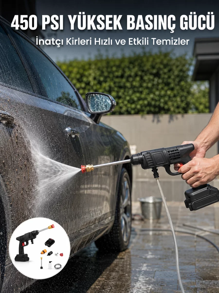 Kablosuz Taşınabilir Basınçlı Yıkama Tabancası Köpük Şişeli - 450PSI Güçlü Temizlik