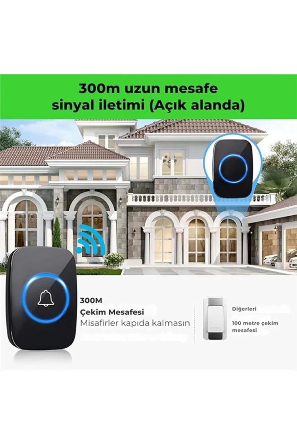 Kablosuz Uzaktan Kumandalı Kapı Zili Mavi Led Işıklı 60 Melodi 30