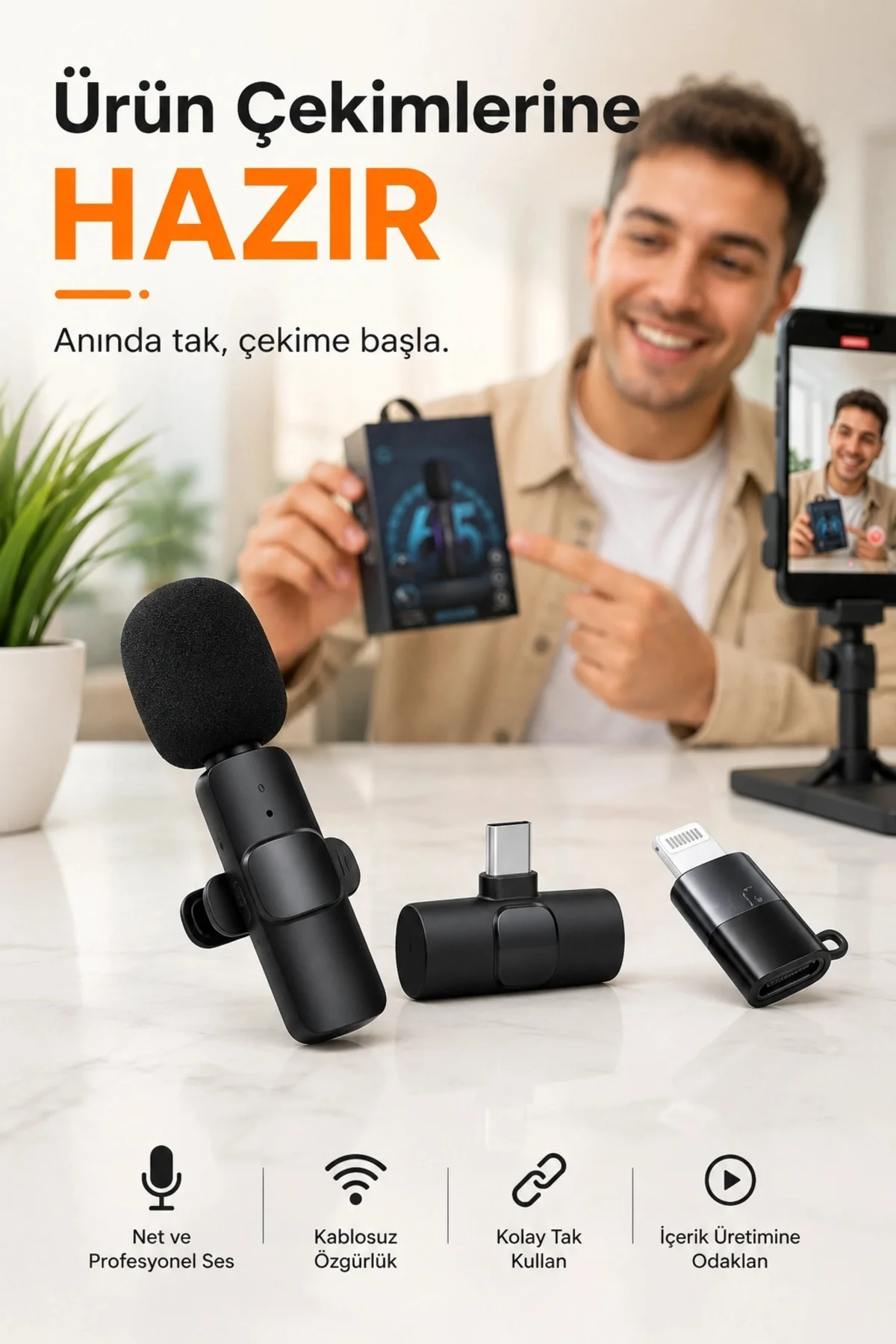 Kablosuz Yaka Mikrofonu Usb-C Lightning Uyumlu Tak Çalıştır Telef