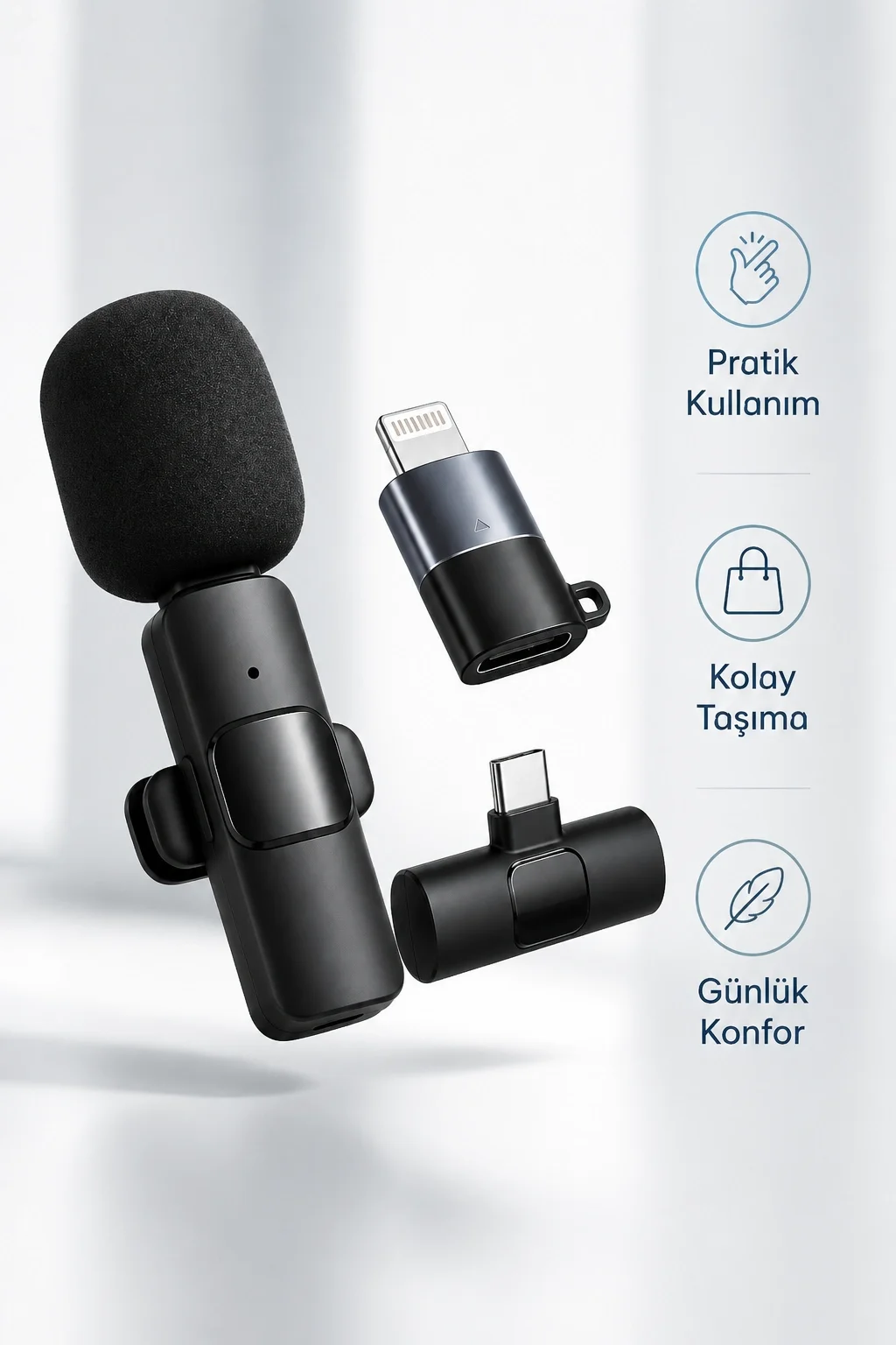 Kablosuz Yaka Mikrofonu Type-C ve Lightning Uyumlu Şarjlı Klipsli Ses Kayıt Mikrofonu