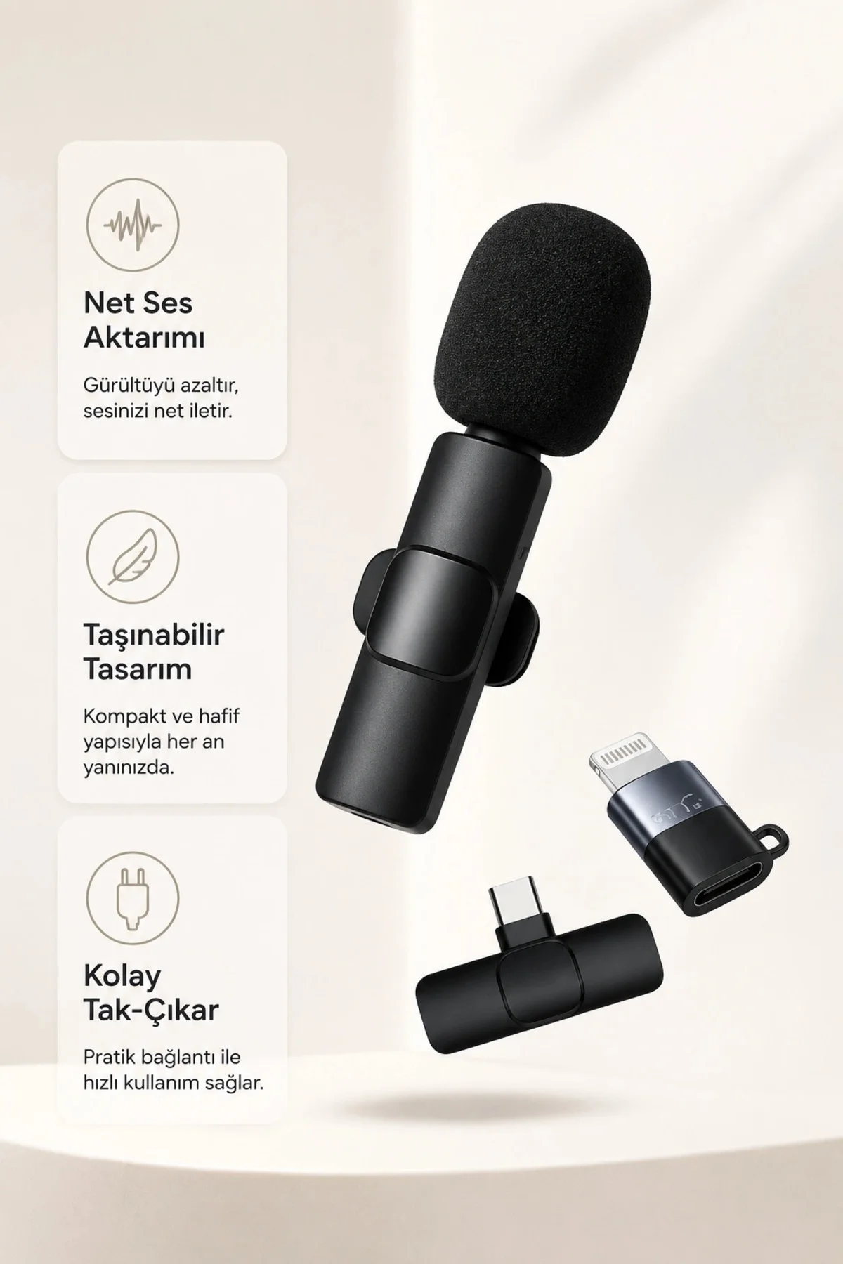 Kablosuz Yaka Mikrofonu Usb-C Lightning Adaptörlü Telefon Uyumlu 