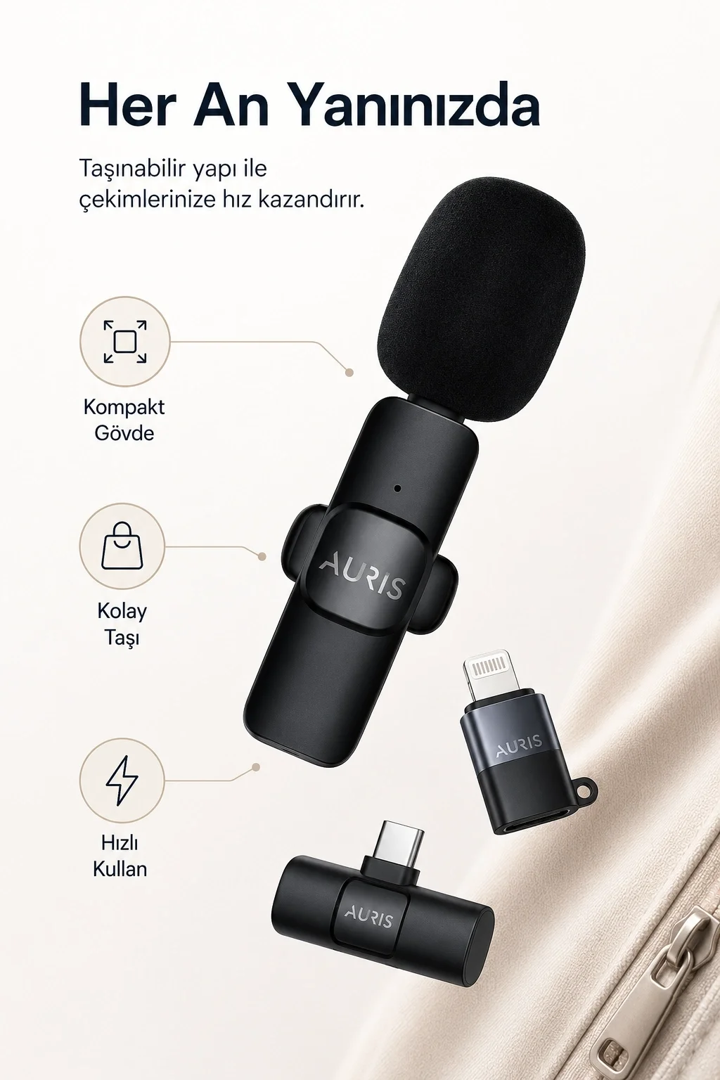Kablosuz Yaka Mikrofonu Telefon İçin USB-C Lightning Adaptörlü Kompakt Kayıt Cihazı