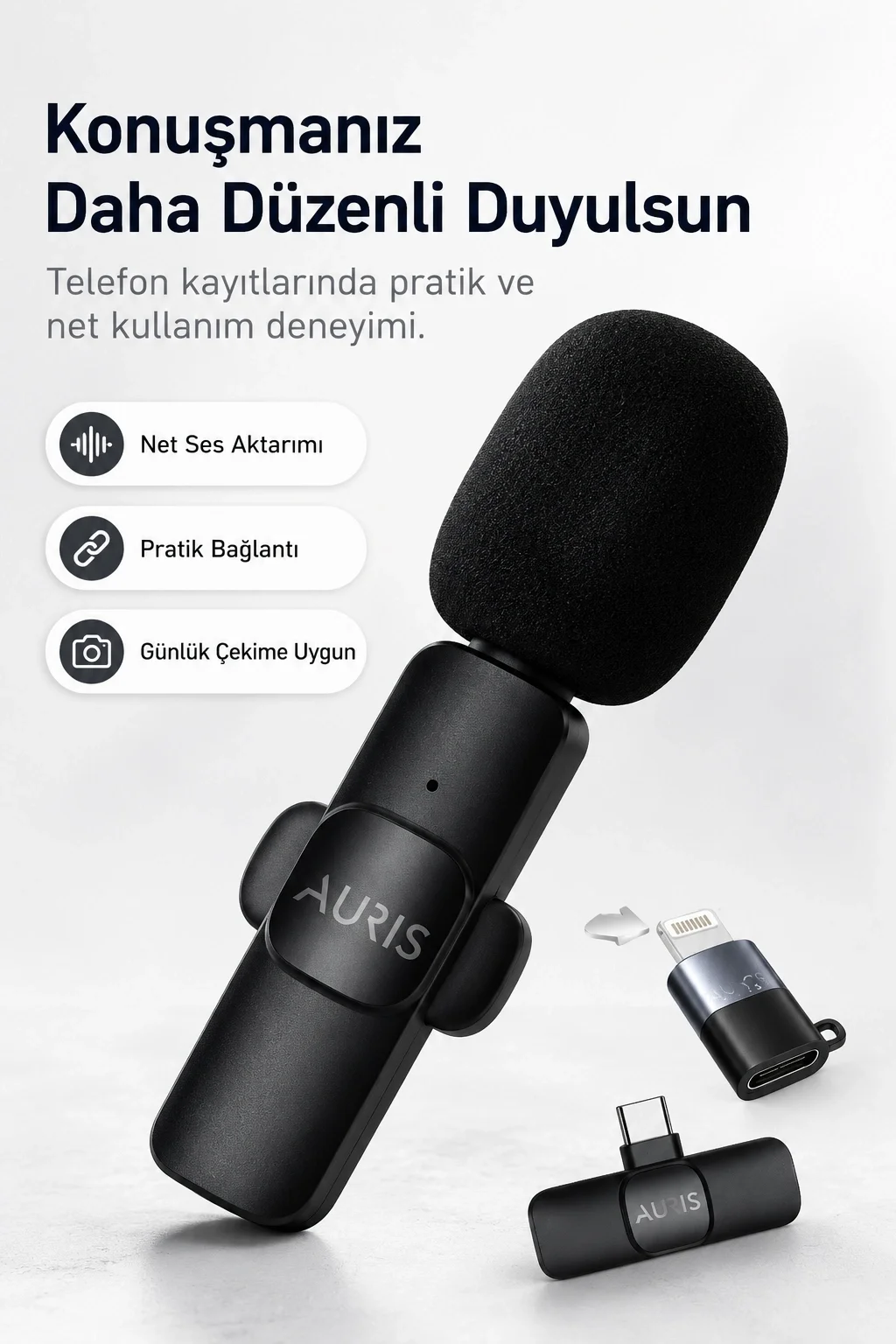 Kablosuz Yaka Mikrofonu Telefon İçin USB-C Lightning Adaptörlü Kompakt Kayıt Cihazı