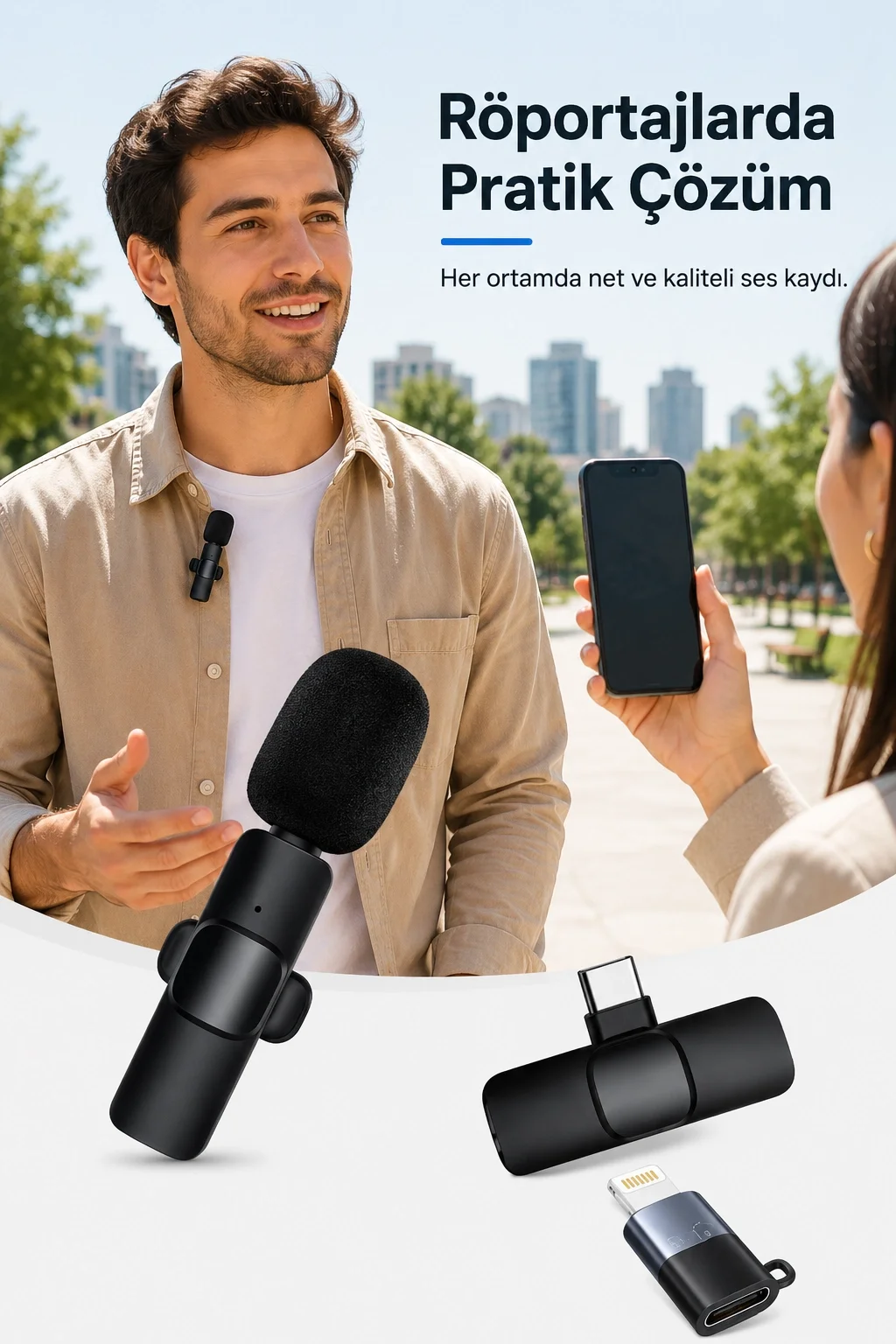 Kablosuz Yaka Mikrofonu USB-C Lightning Uyumlu Tak Çalıştır Telef