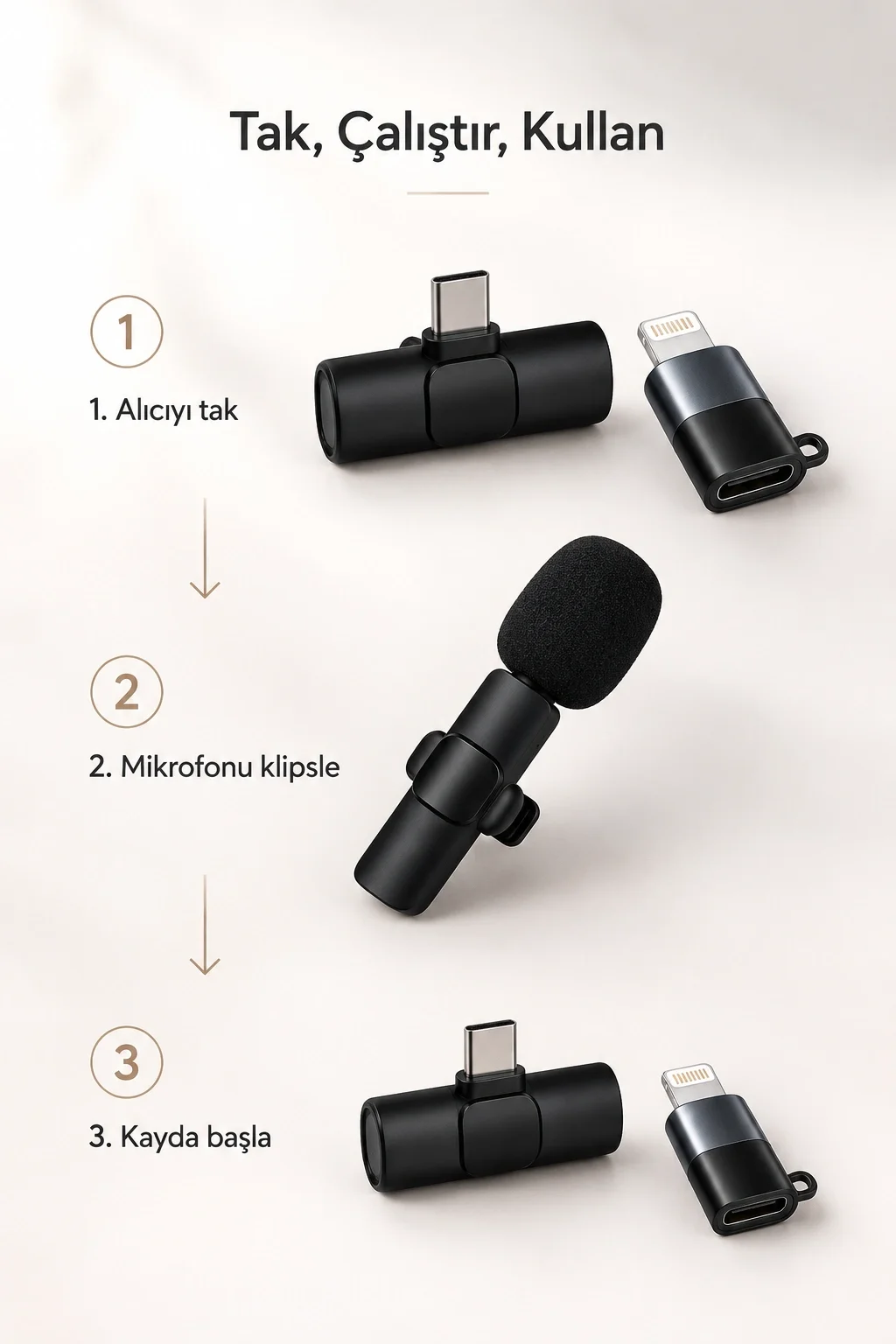Kablosuz Yaka Mikrofonu USB-C ve Lightning Uyumlu Tak Çalıştır Telefon Kayıt Mikrofonu