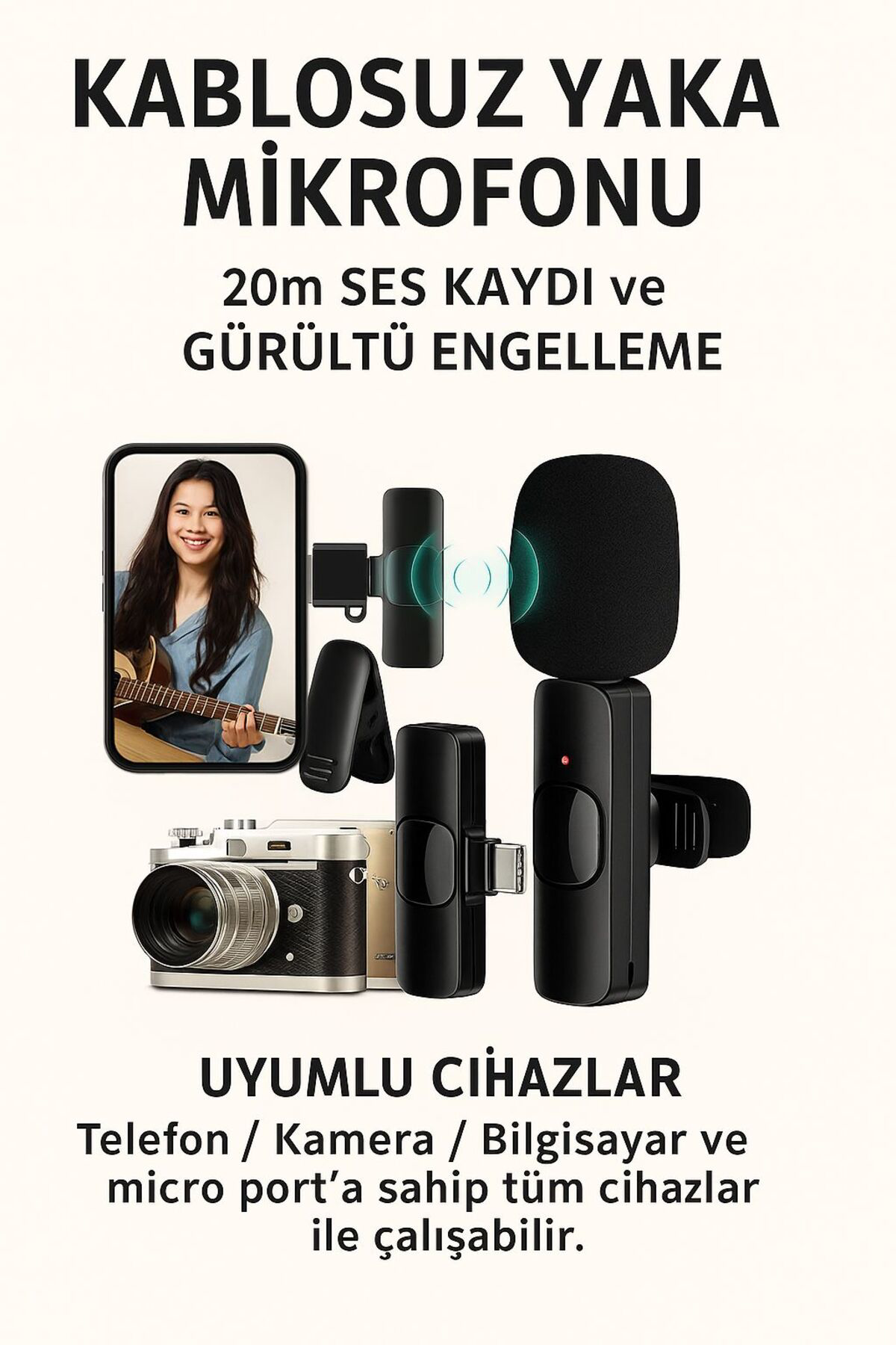 Kablosuz Yaka Mikrofonu – Gürültü Engelleyici, 20 Metre Menzilli