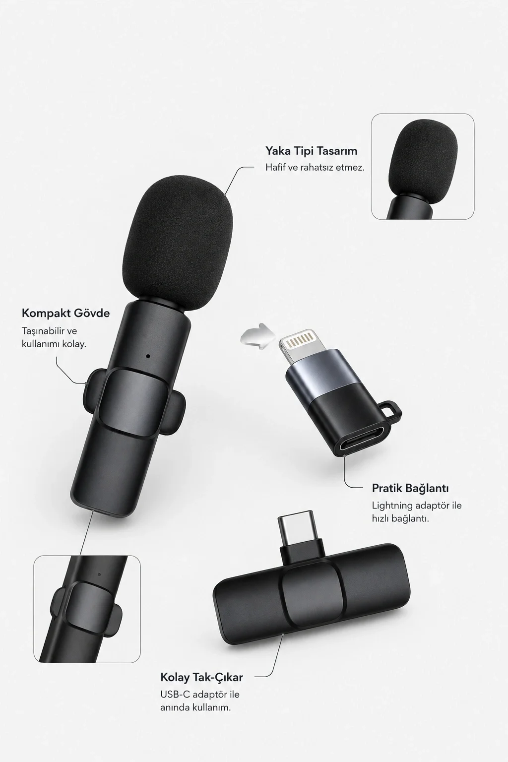 Kablosuz Yaka Mikrofonu USB-C ve Lightning Adaptörlü Telefon Uyumlu Kompakt Ses Kiti