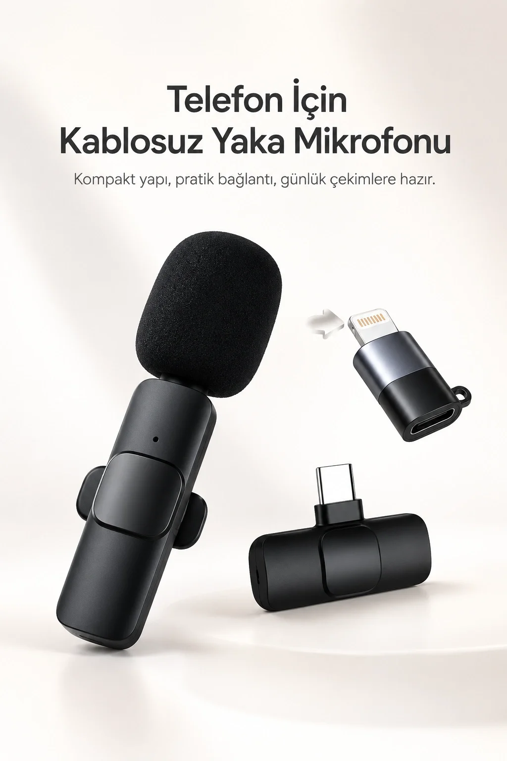 Kablosuz Yaka Mikrofonu USB-C ve Lightning Uyumlu Tak Çalıştır Telefon Kayıt Mikrofonu
