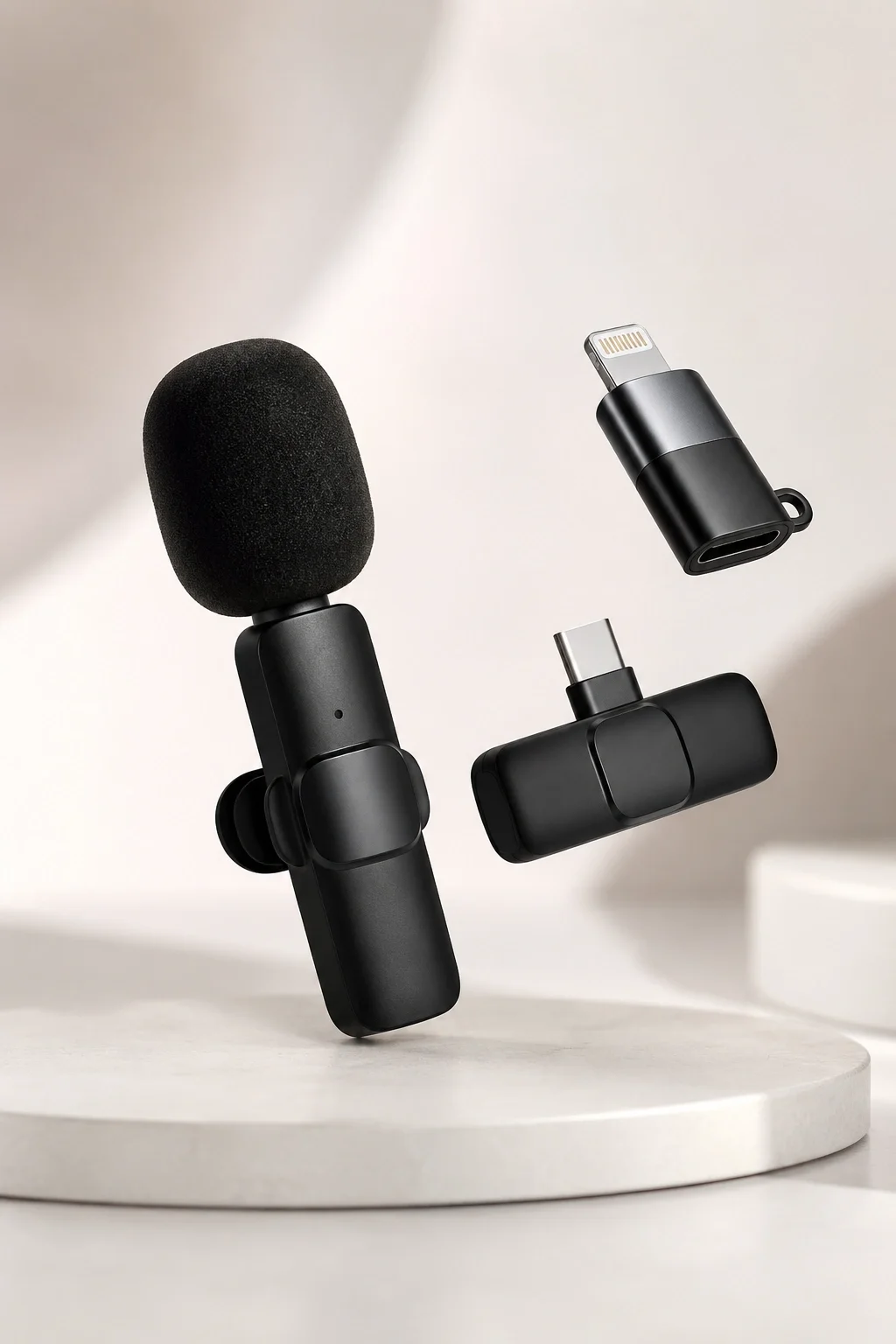 Kablosuz Yaka Mikrofonu USB-C ve Lightning Adaptörlü Telefon Uyumlu Kompakt Ses Kiti